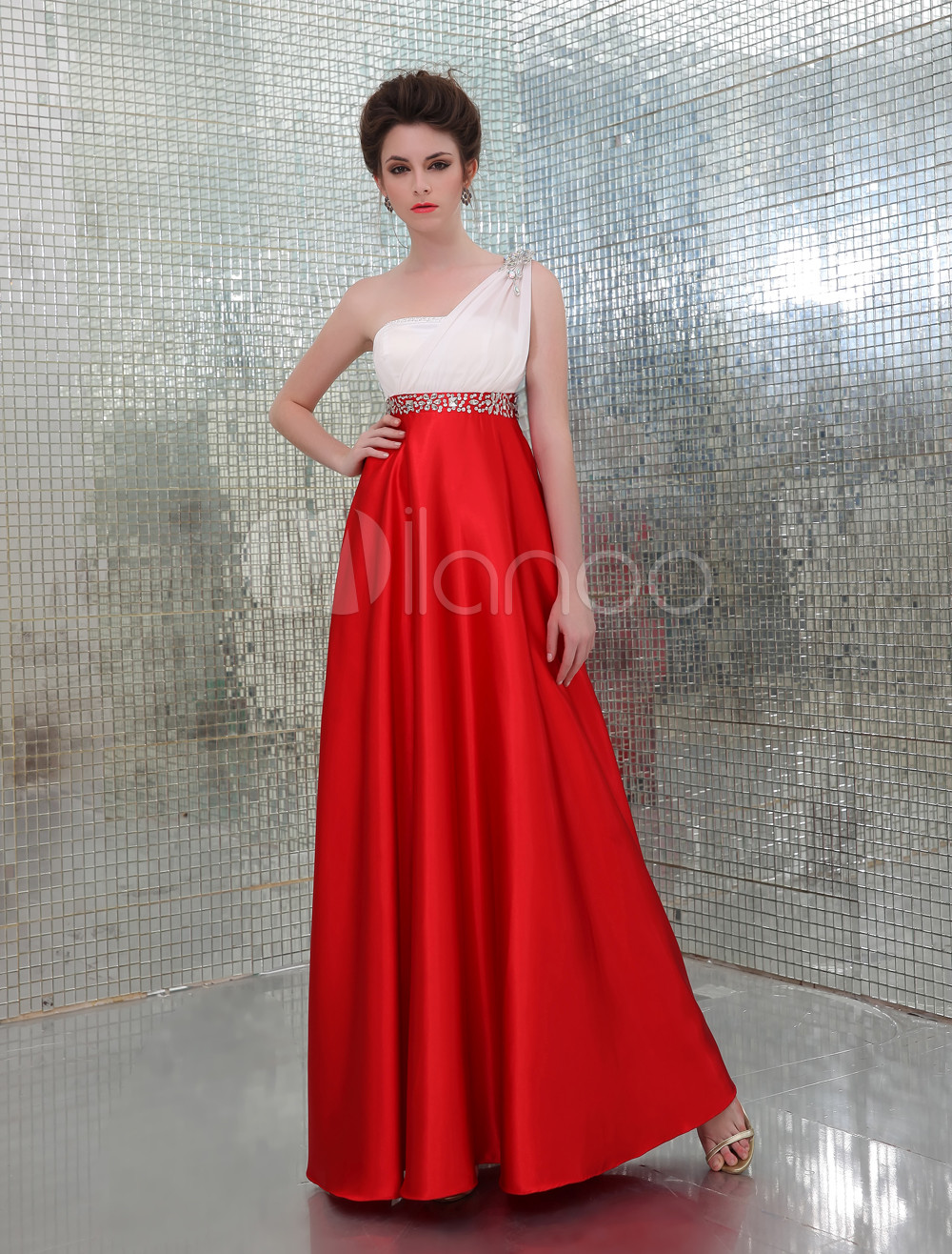 Gorgeous Red A-line One-Shoulder Beading Satin Prom Dress (Wedding Prom Dresses) photo