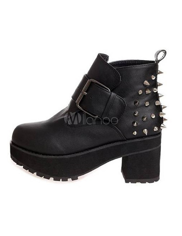 Bottines à talons hauts noir chic bout en amande Chunky talon Faux cuir cloue Ladies