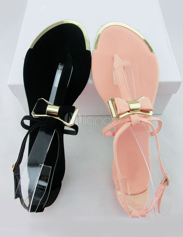 Bow PU cuir T-Strap sandales plates chics pour femme - Milanoo