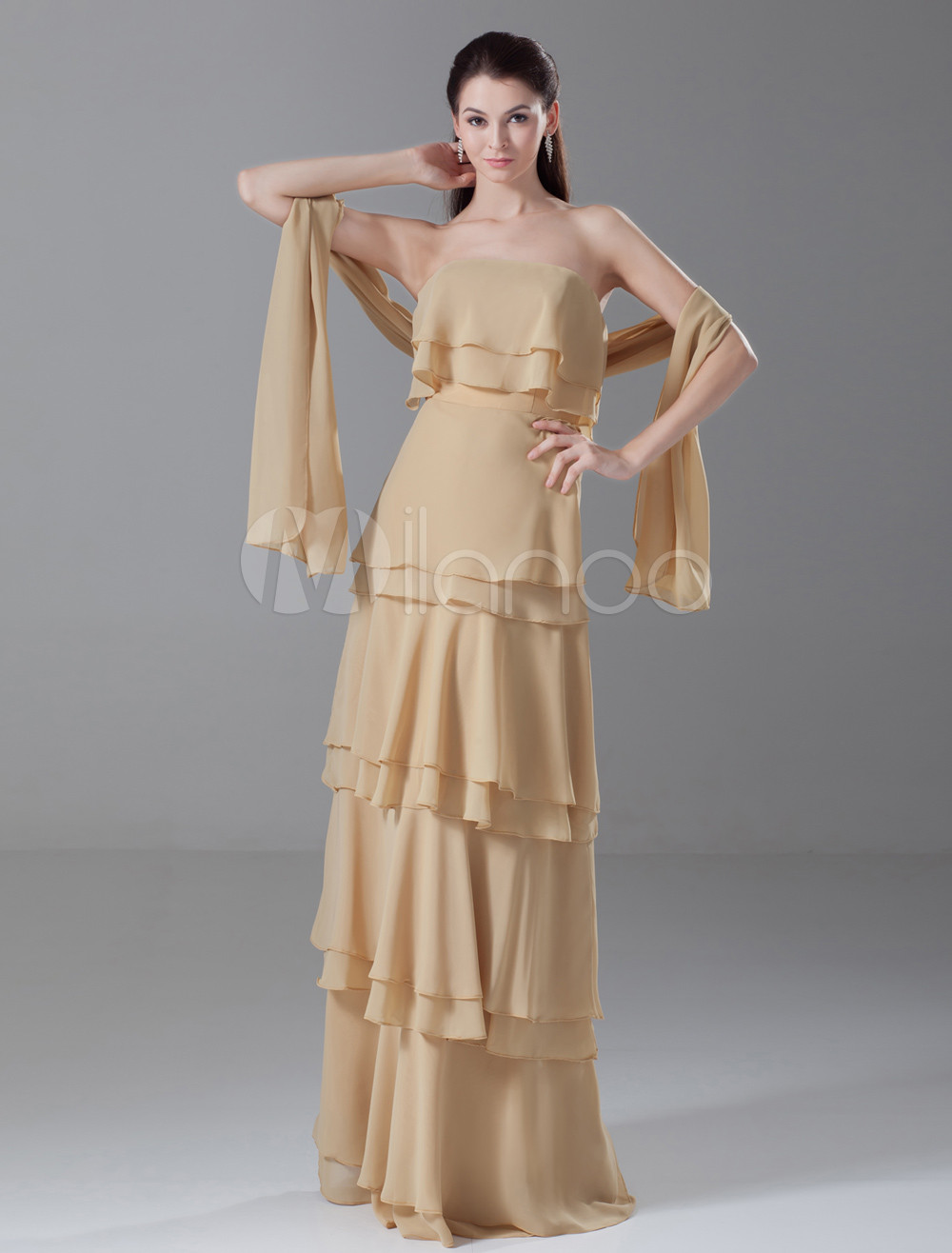 Sheath V-Neck Chiffon Floor-Length Dress Champagne