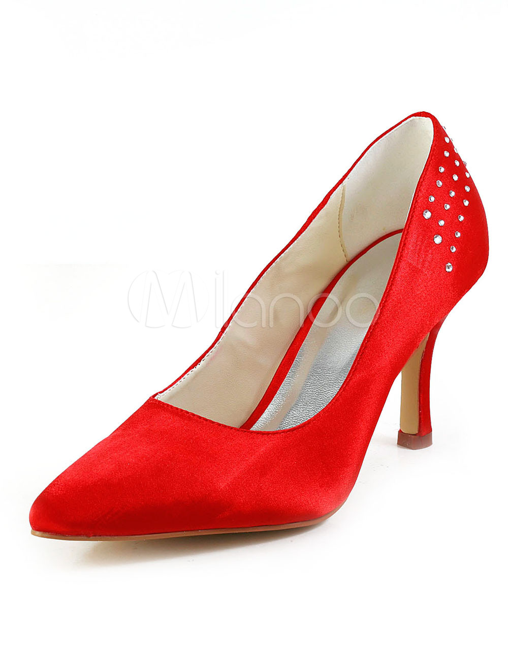 Pretty Red Silk And Satin Rhinestone Pointed Toe Pumps For Bridal