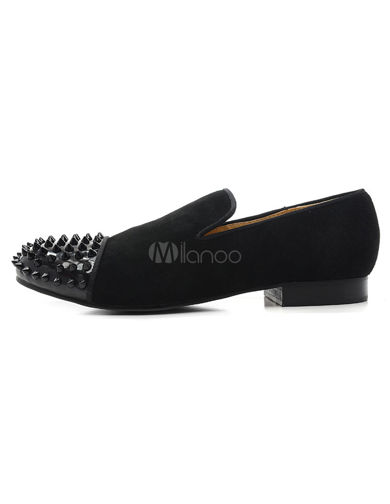 Black Monogram Suede Round Toe Rivet Daily Women's Loafers photo