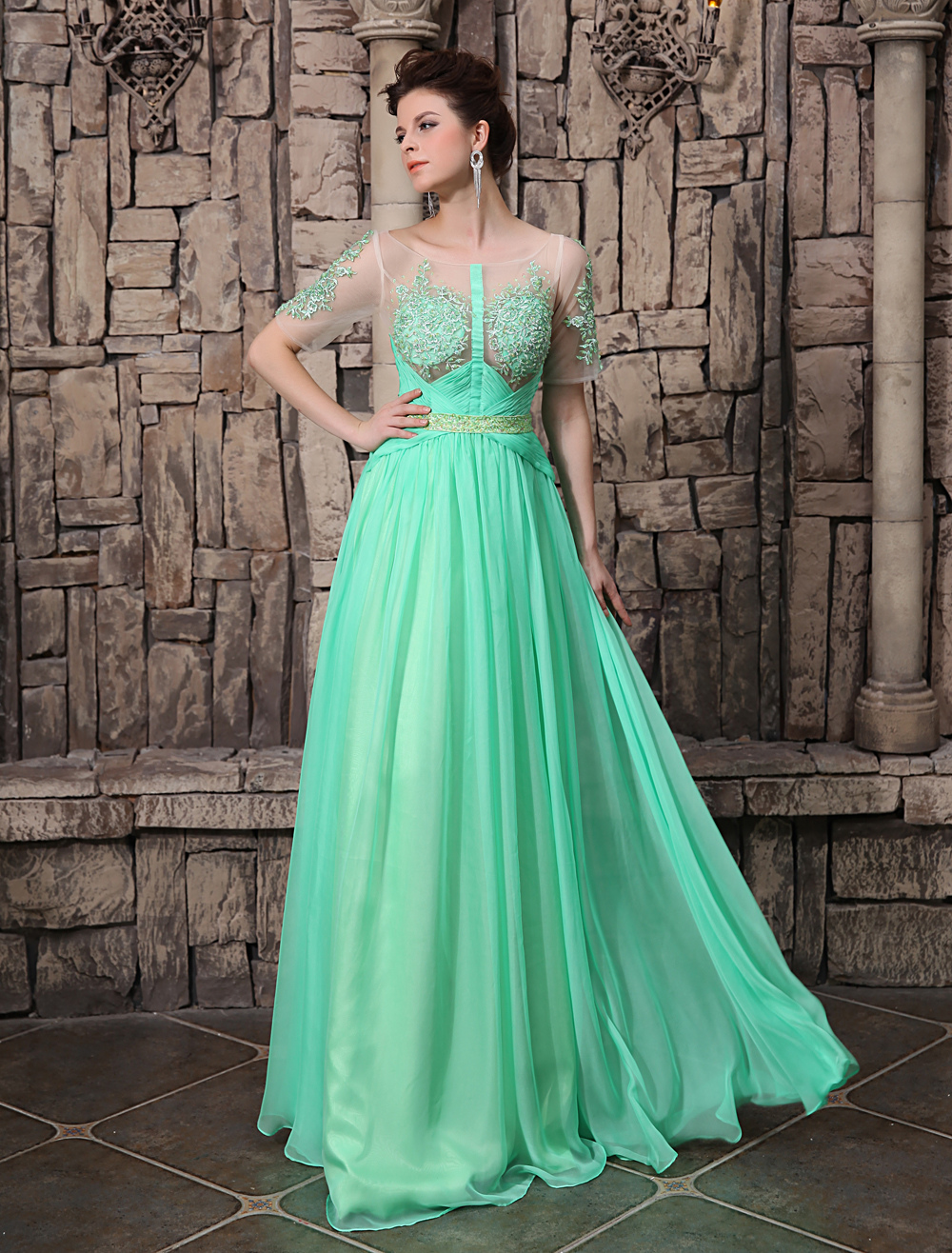 A-line Mint Green Scoop Floor Length Chiffon Beading Evening Dress (Wedding Evening Dresses) photo