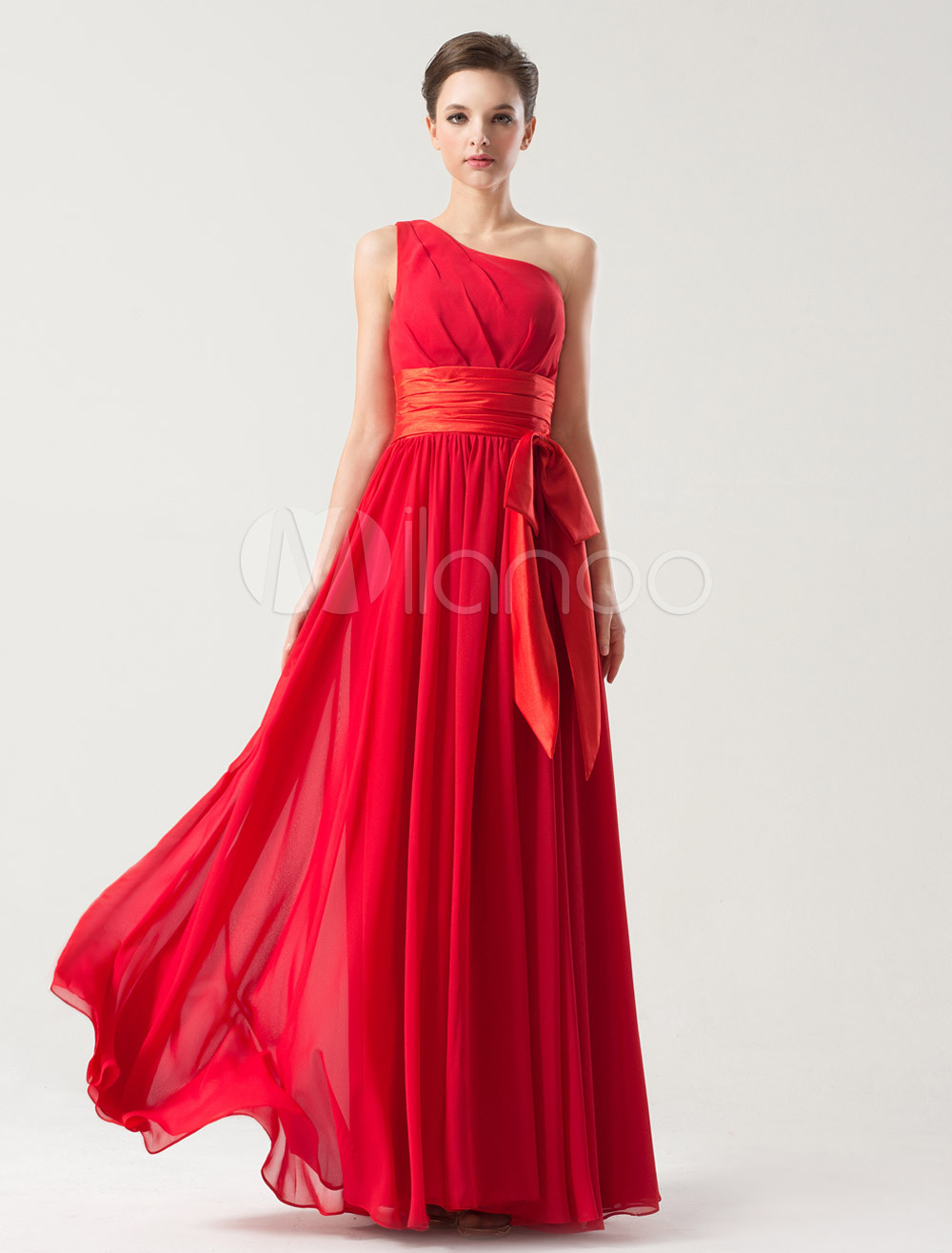 Gorgeous Red A-line One-Shoulder Bow Chiffon Prom Dress (Wedding Prom Dresses) photo