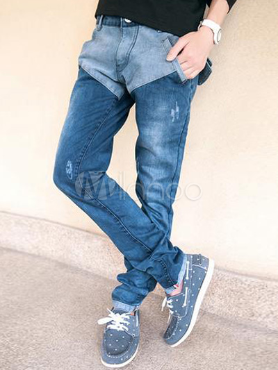 Comfy Blue Two-Tone Cotton Straight Jeans For Men - Milanoo.com