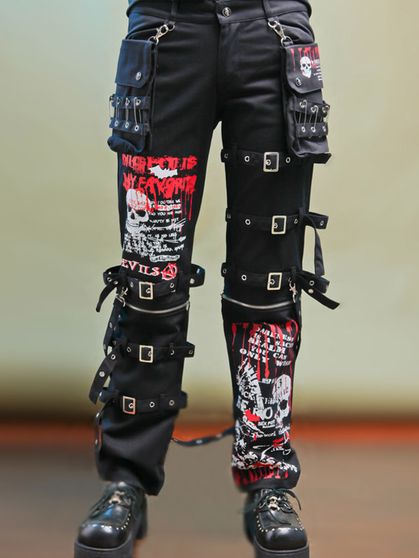 Steampunk Black Cotton Lolita Pants Printed Pockets Buckles steampunk buy now online