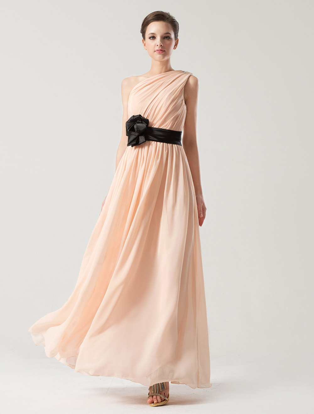 A-Line One Shoulder Chiffon Cheap Bridesmaid Dresses With Belt,SFWG0010
