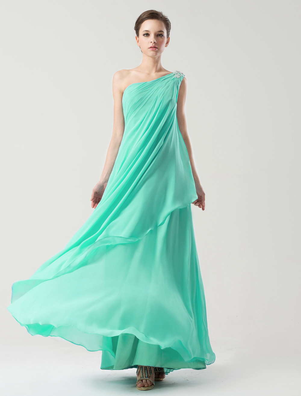 Green Sequin One-Shoulder Sleeveless A-line Women's Evening Dress (Wedding Evening Dresses) photo