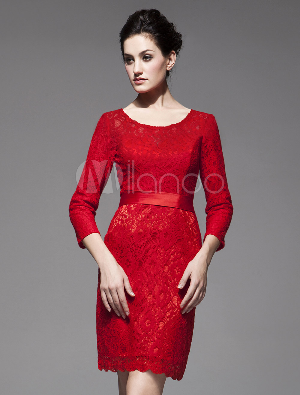 Red Sheath Jewel Neck Lace Mother of the Bride Dress with 3/4 Length Sleeves Wedding Guest Dress photo