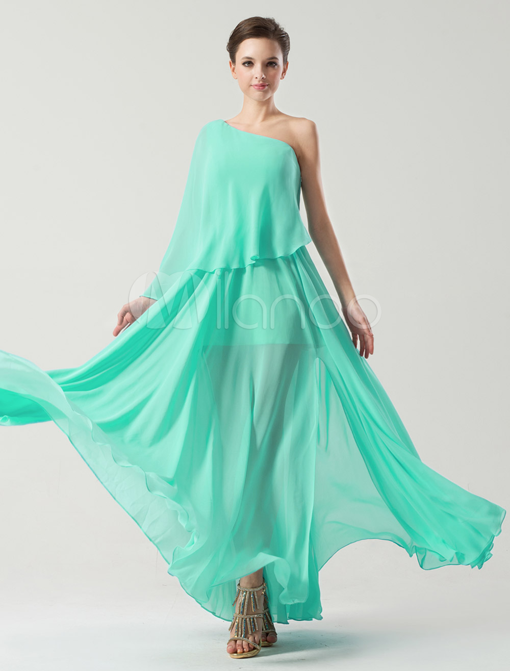 Green One-Shoulder Tiered A-line Sleeveless Chiffon Evening Dress (Wedding Evening Dresses) photo