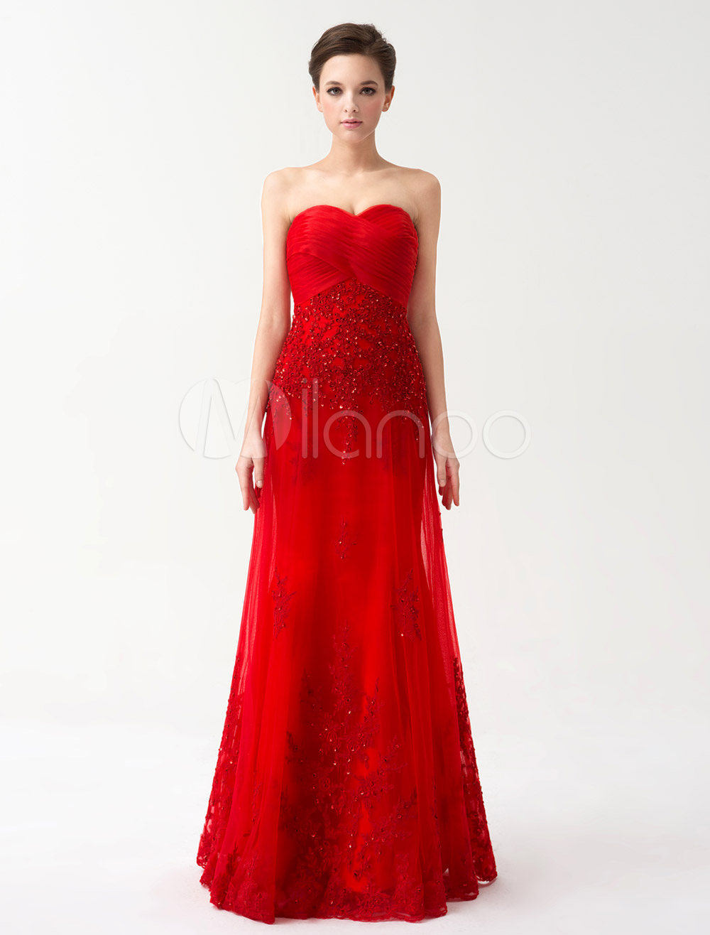 Red Strapless Lace Sleeveless Evening Dress (Wedding Evening Dresses) photo