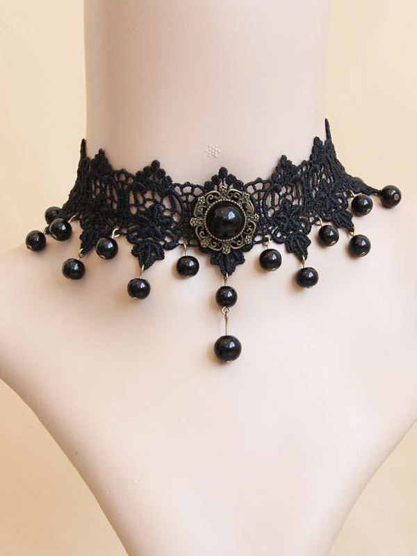Gothic Black Woven Lolita Choker Pearls Pendant steampunk buy now online