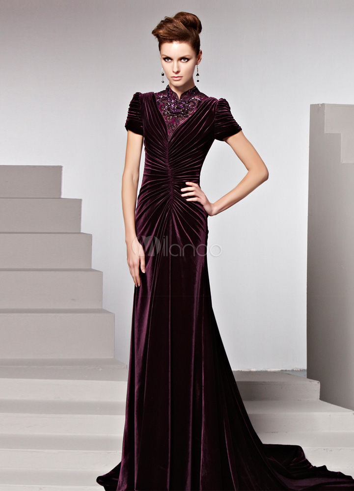 Grape High Collar Beading Sheath Velvet Evening Dress For Women ...