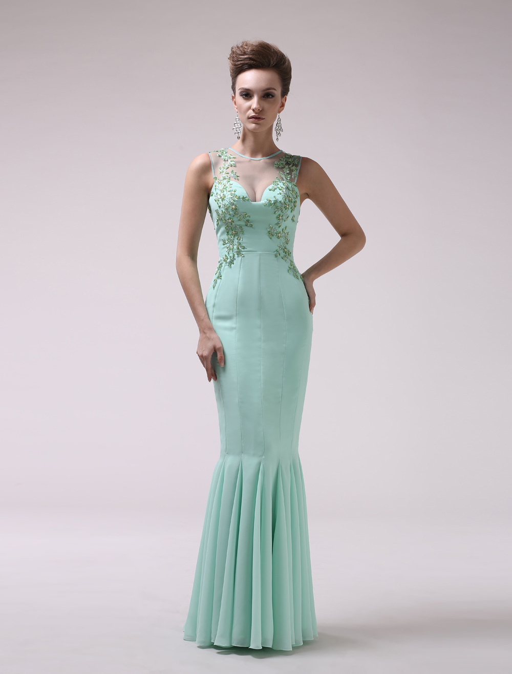 Mint Green Jewel Neck Beading Mermaid Chiffon Women's Evening Dress Milanoo (Wedding Evening Dresses) photo