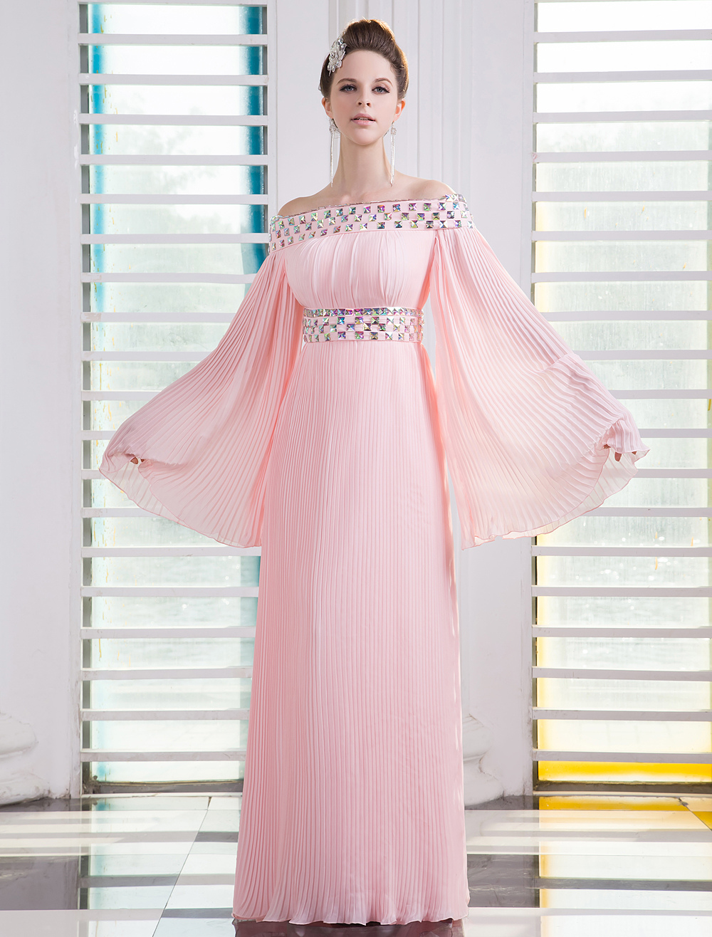 Pink Bateau Neck Long Sleeves Rhinestone A-line Chiffon Prom Dress Milanoo (Wedding Prom Dresses) photo