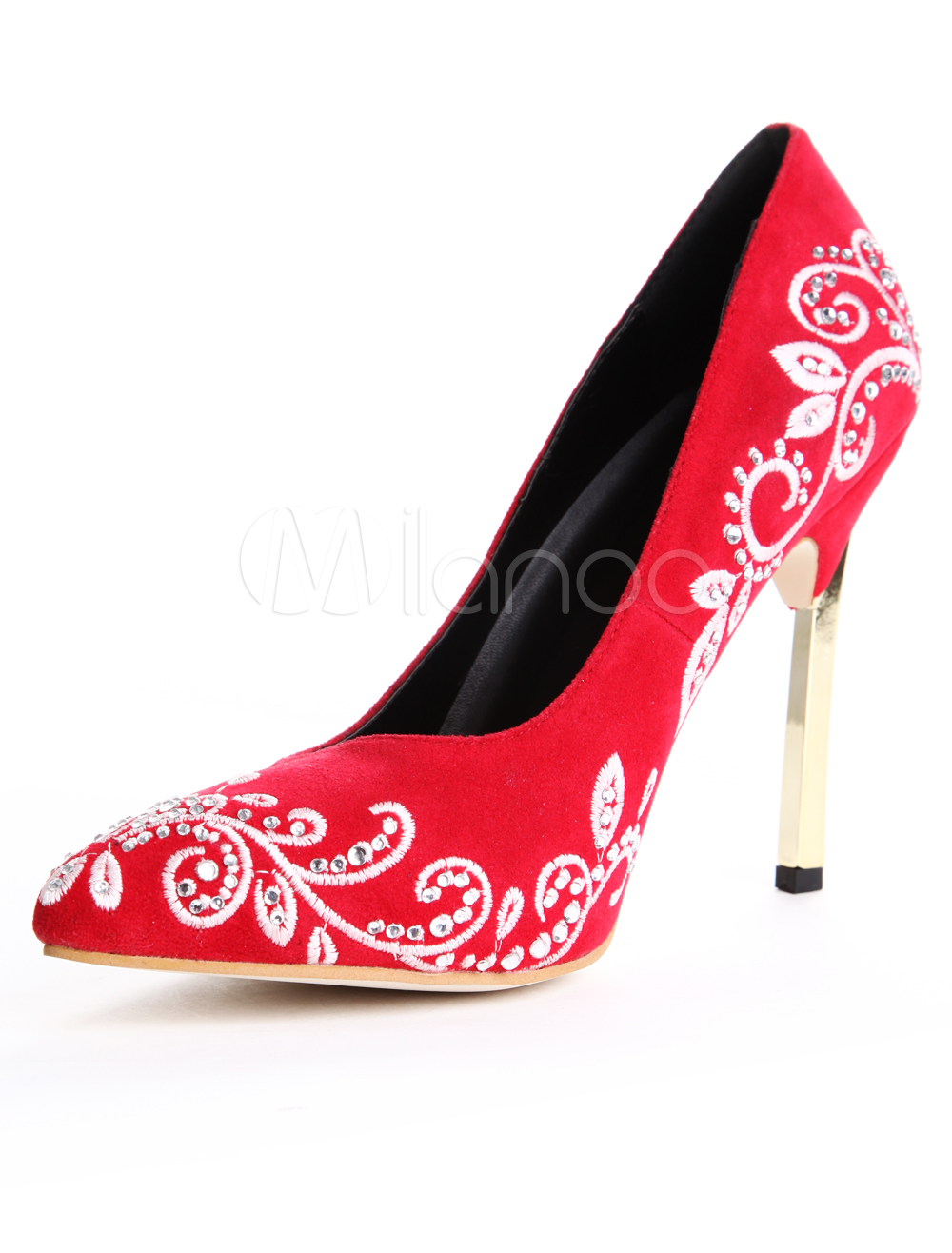 Red Stiletto Heel Embroidery Rhinestone Pointed Toe High Heels For Woman