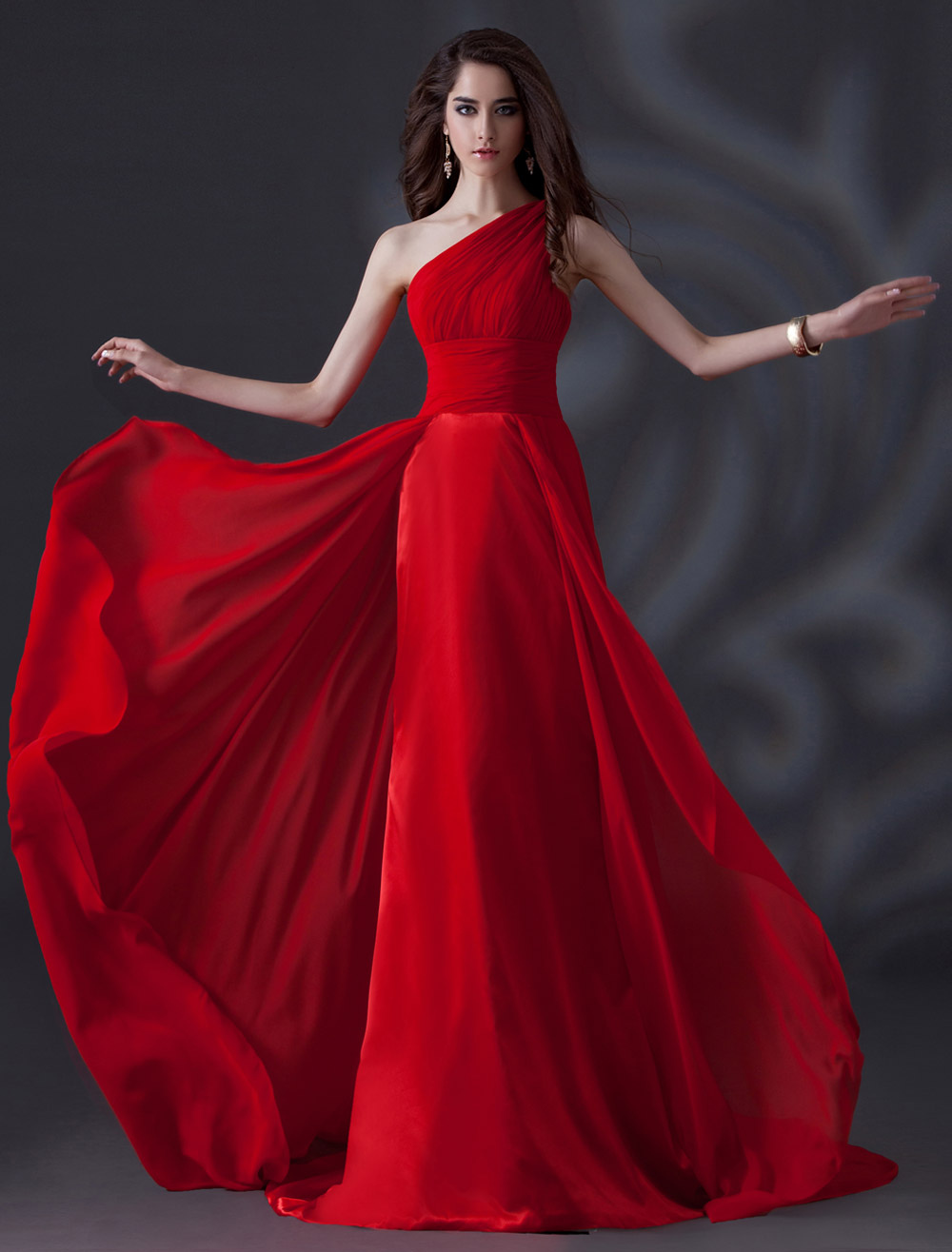 One-Shoulder Pleated Chiffon Red Elegant Bridesmaid Dress (Wedding Evening Dresses) photo