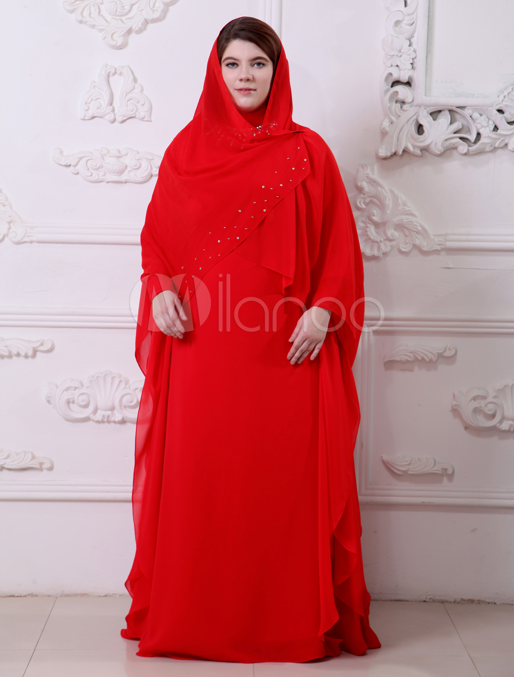 Red High Collar Beading Long Sleeves Chiffon Evening Dress (Wedding Evening Dresses) photo