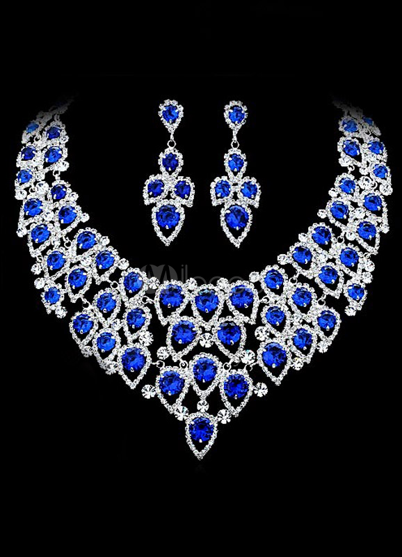 Blue Rhinestone Pierced Metal Beautiful Jewelry Set For Wedding Nvine