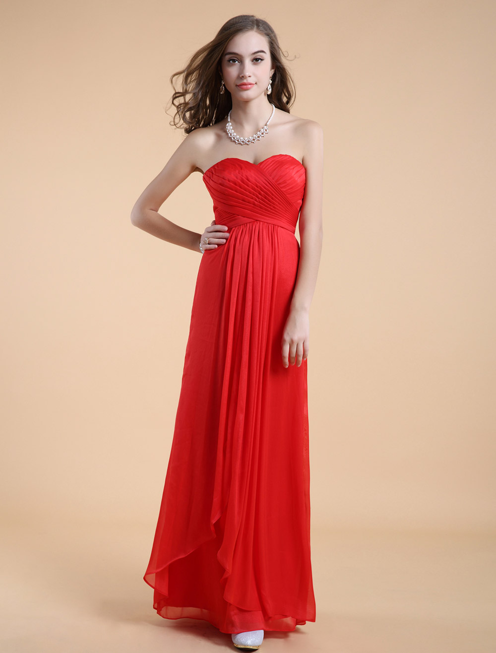 A-line Sweetheart Neck Cascading Ruffle Red Chiffon Bridesmaid Dress (Wedding Cheap Party Dress) photo