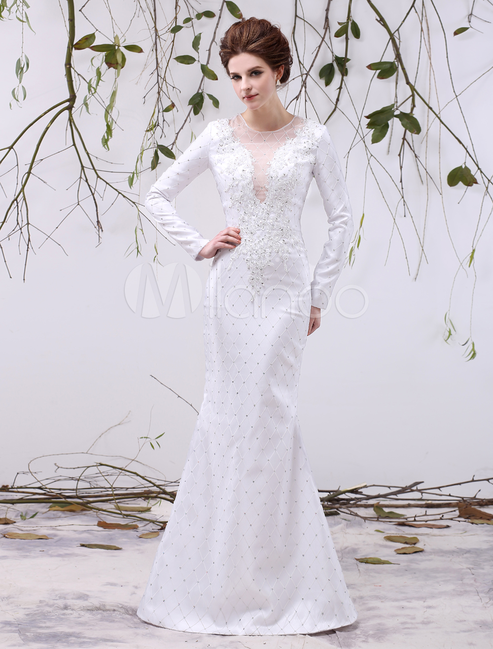 White Mermaid Jewel Neck Sequin Organza Bridal Mother Dress with Long Sleeves Milanoo (Wedding) photo