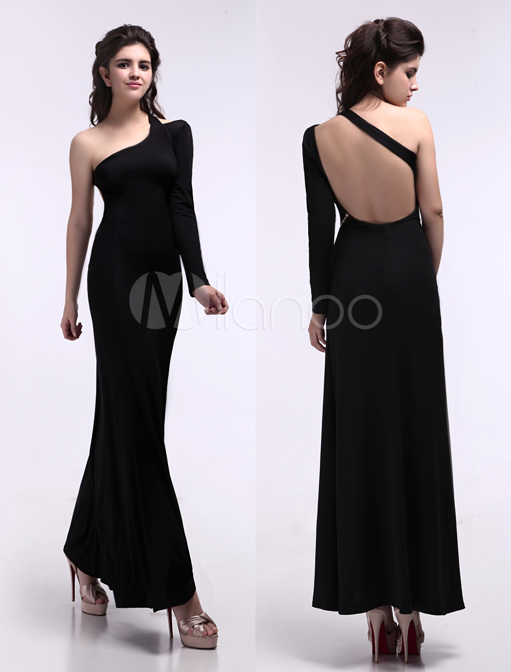 Black Cut Out One-Shoulder Long Sleeves Sheath Gorgeous Evening Dress (Wedding Evening Dresses) photo