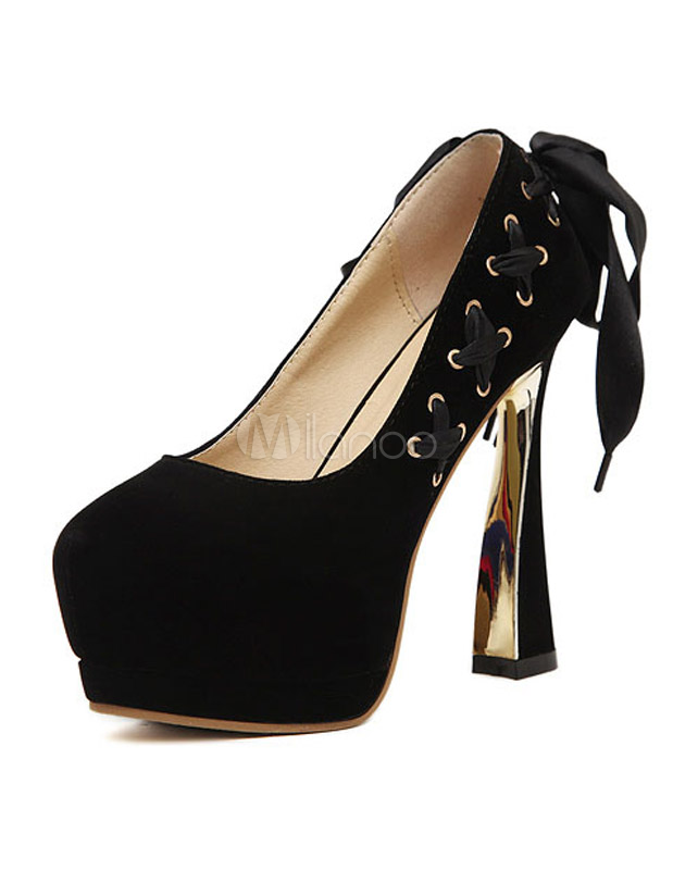 Black Chunky Heel Terry Sexy Platform Pumps For Women