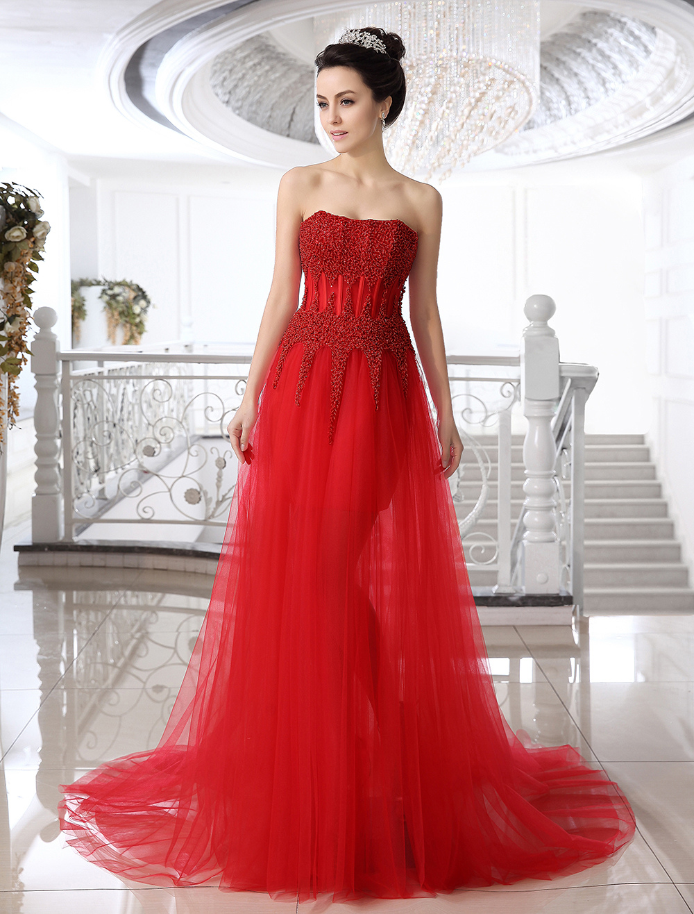Red Sheath Strapless Beading Court Train Tulle Bridal Wedding Gown (Red Wedding Dress) photo