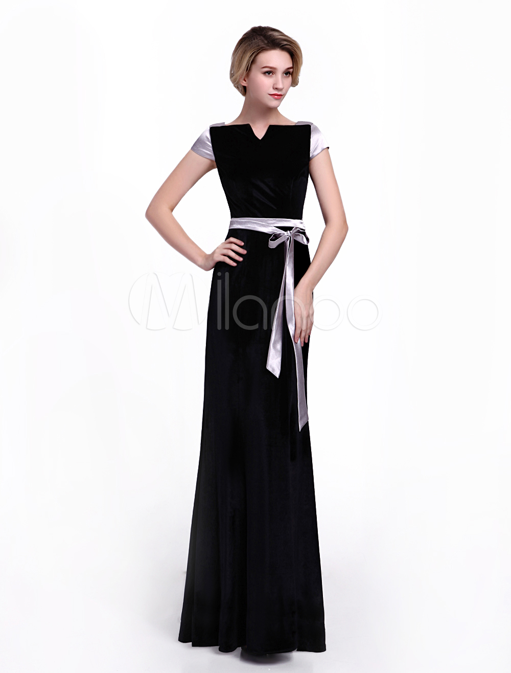 Black Bridal Mother Dress in A-line Notch Silhouette and Collar Knotted Short Sleeves Zipper Velvet Skirt Milanoo (Wedding) photo