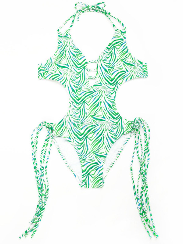 Green Zebra Print Fringe Pretty Monokini Swimsuits For Woman