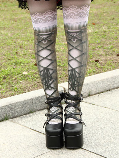 Gothic Gray White Nylon Lolita Tights Lace Up Lace Trim Print steampunk buy now online