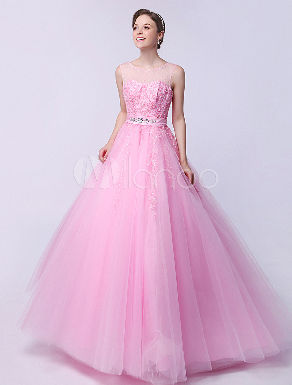 Pink Ball Gown Jewel Neck Floor-Length Quinceanera Dress with (Wedding Quinceanera Dresses) photo