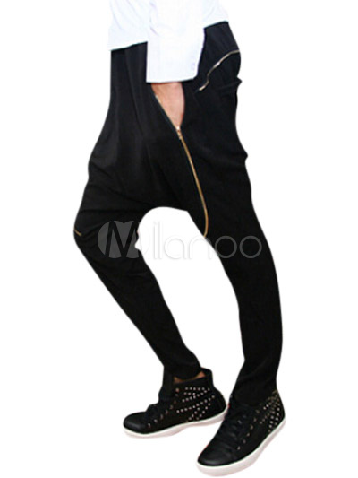 Pantalons homme chic sarouel en coton mélangé noir unicolore avec zip,No.1