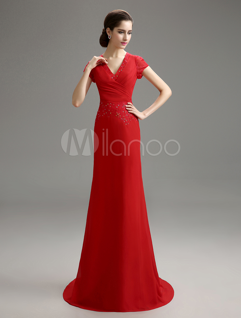 Red V-Neck Lace Chiffon Mother of the Bride Dress (Wedding) photo