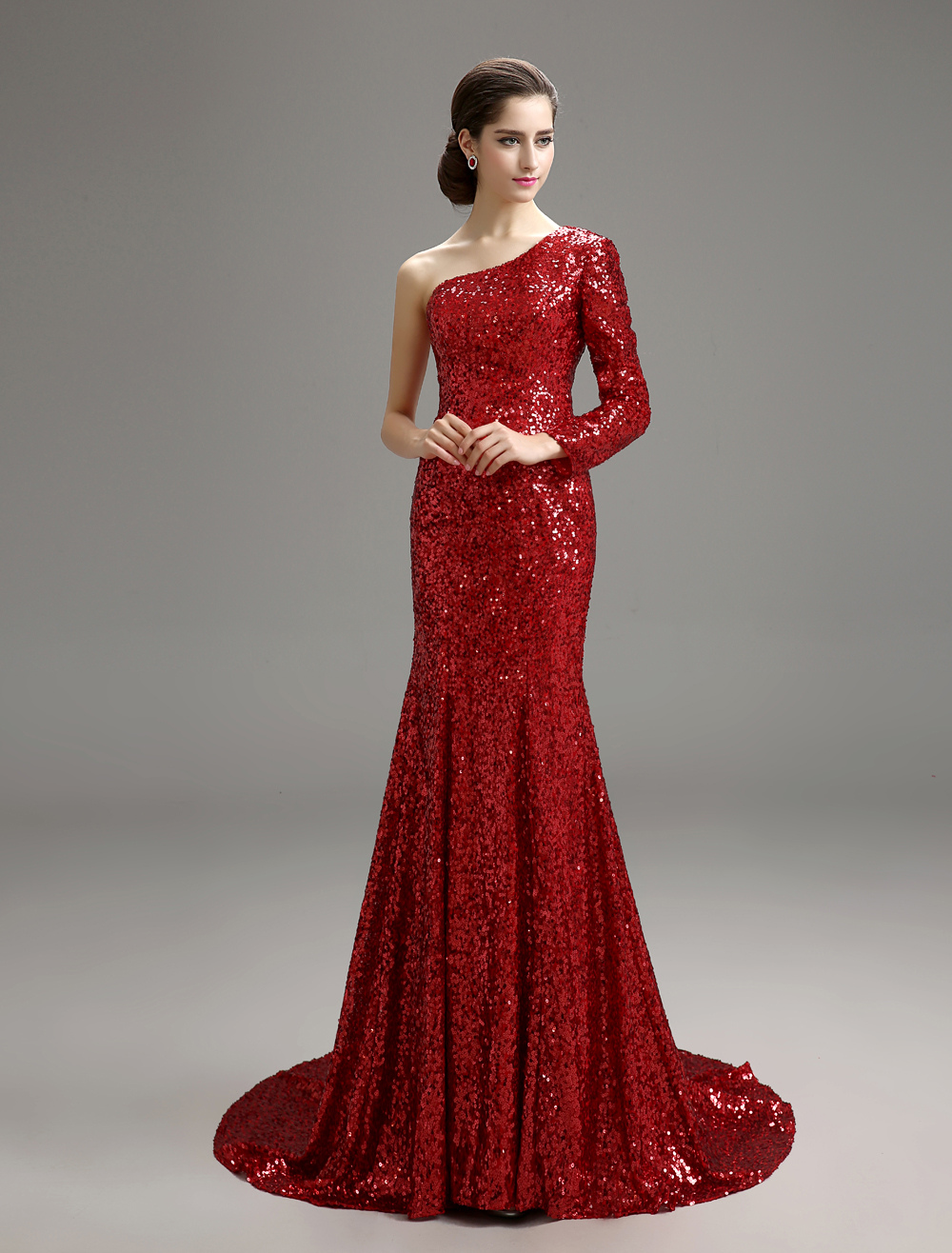 Red Mermaid Sequined Mother of the Bride Dress with One-Shoulder (Wedding) photo