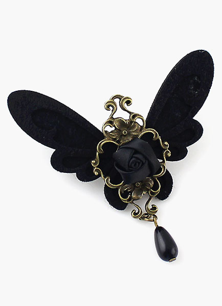 Gothic Black Butterfly Drop Brooch with Rose Flower steampunk buy now online