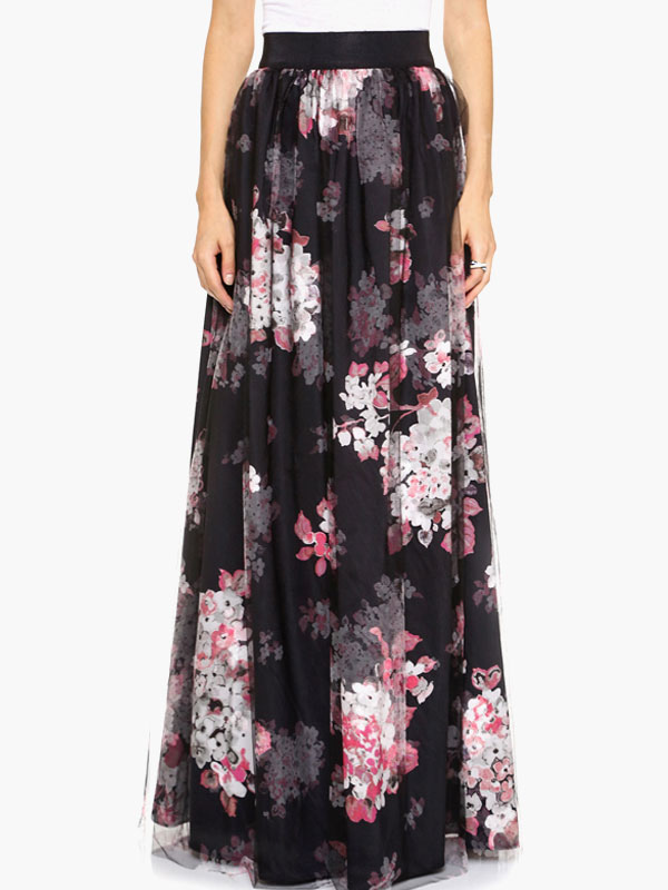 Black Vintage Floral Print Maxi Skirt