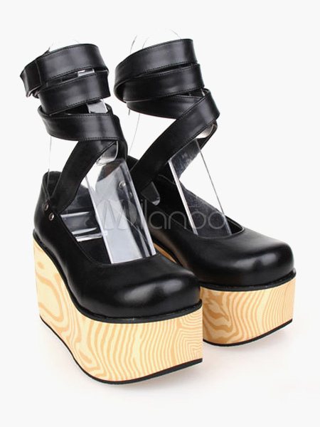 Gothic Black Lolita High Platform Shoes Wood Grain Sole Ankle Straps steampunk buy now online Gothic Black Lolita High Platform Shoes Wood Grain Sole Ankle Straps steampunk buy now online