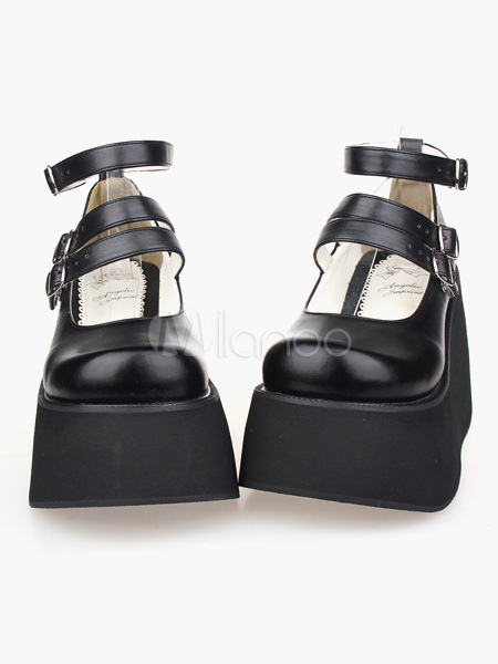 Gothic Matte Black Lolita Shoes High Platform Ankle Straps Buckles steampunk buy now online Gothic Matte Black Lolita Shoes High Platform Ankle Straps Buckles steampunk buy now online