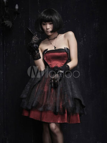 Gothic Strapless Layered Lace Up Tulle Red Satin Lolita Dress steampunk buy now online