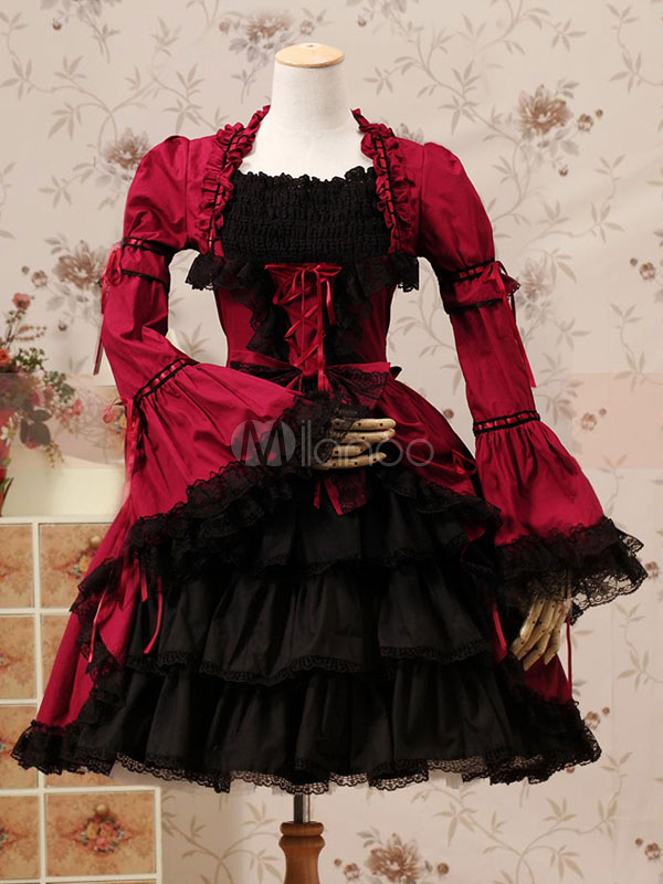Burgundy Layered Cotton Gothic Lolita Dress for Women steampunk buy now online