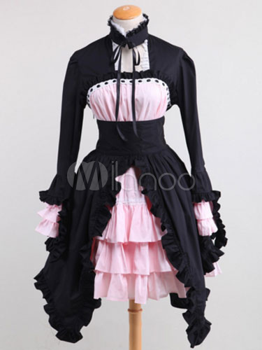 Black Pink Ruffles Cotton Gothic Lolita One-Piece steampunk buy now online