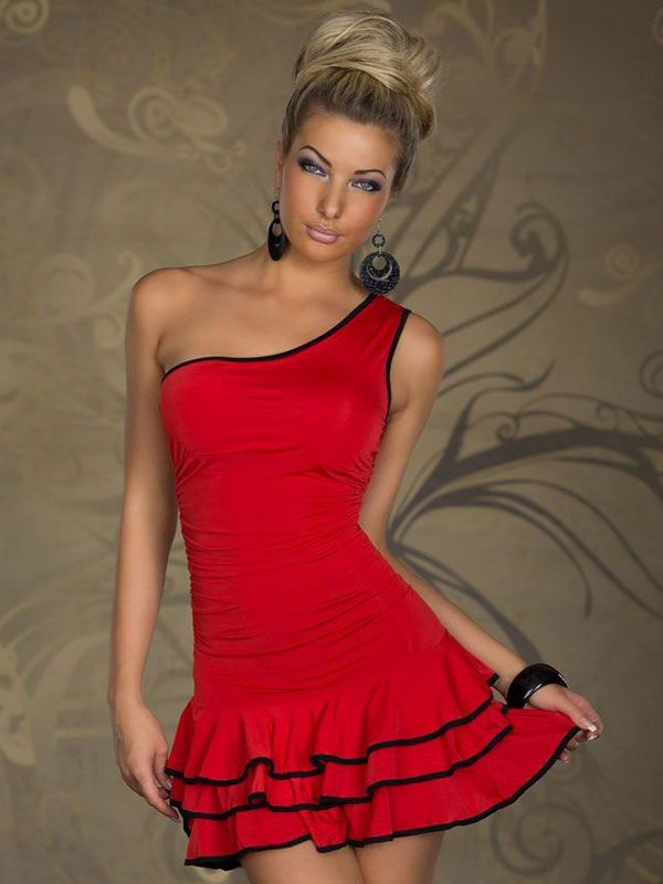 Red One-Shoulder Ruffled Milk Silk Club Dress for Women (Women\\'s Clothing Club Dresses) photo