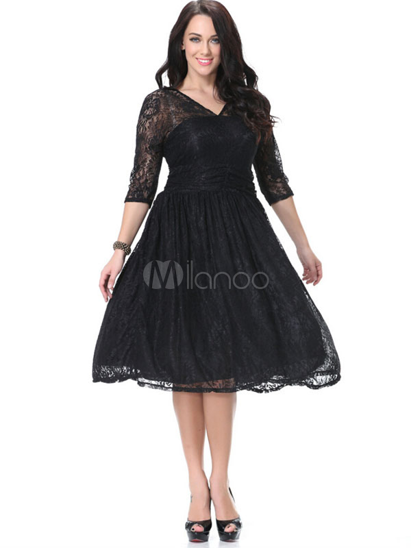 Black Lace Ruffles Semi-Sheer Flare Dress for Women (Women\\'s Clothing Lace Dresses) photo