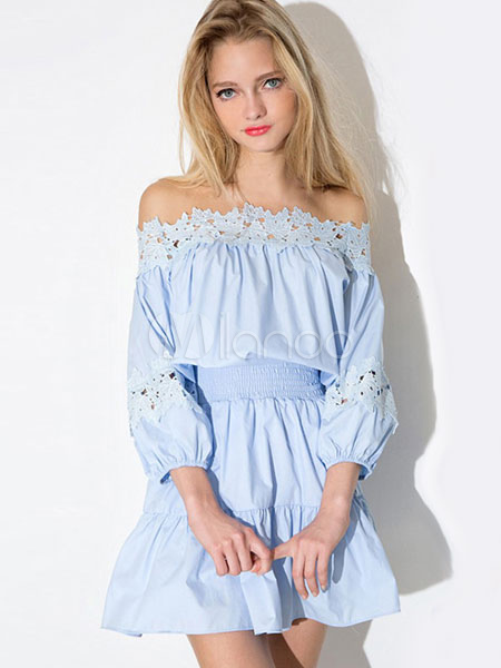Light Blue Lace Off-the-Shoulder Cotton Short Dress for Women (Women\\'s Clothing Mini Dresses) photo