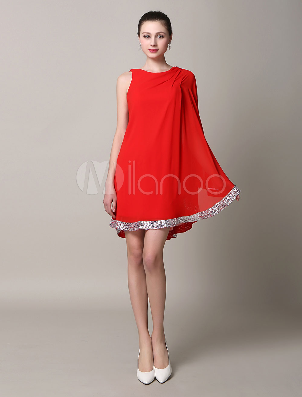 Red Beaded Ruffle Short Homecoming Dress for Women (Wedding Cheap Party Dress) photo