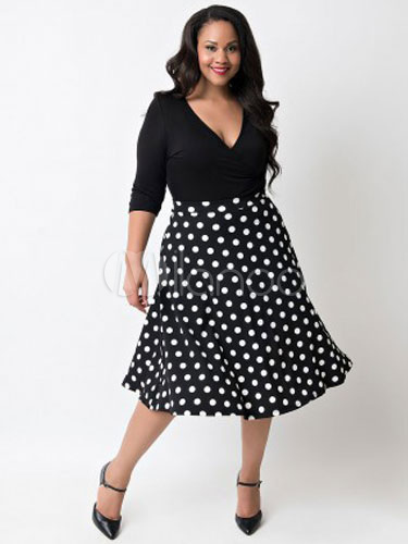 Black Polka Dot Deep-V Spandex Maxi Dress for Women (Women\\'s Clothing Maxi Dresses) photo