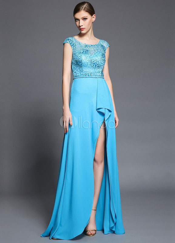 Blue Split Sequins Crepe Maxi Prom Dress 2018 (Wedding Prom Dresses) photo