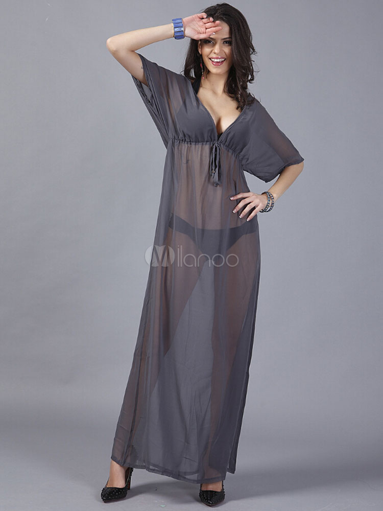 Gray Maxi Dress Semi-Sheer Chiffon Dress (Women\\'s Clothing Maxi Dresses) photo