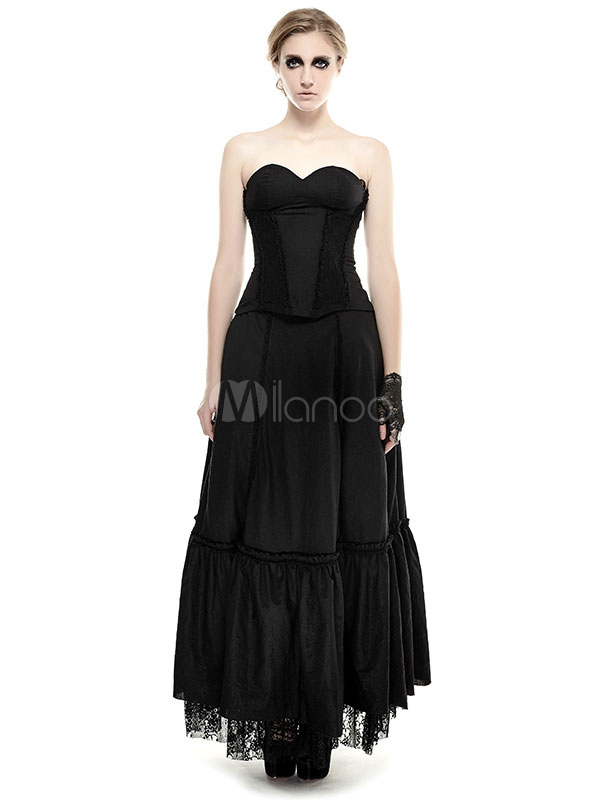 Gothic Strapless Lolita Dress Black Tiered Cotton Flax Dress steampunk buy now online